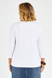 Model Jess wearing size 14 of The Keepers 3/4 Sleeve Tee in colour White (White), from the back