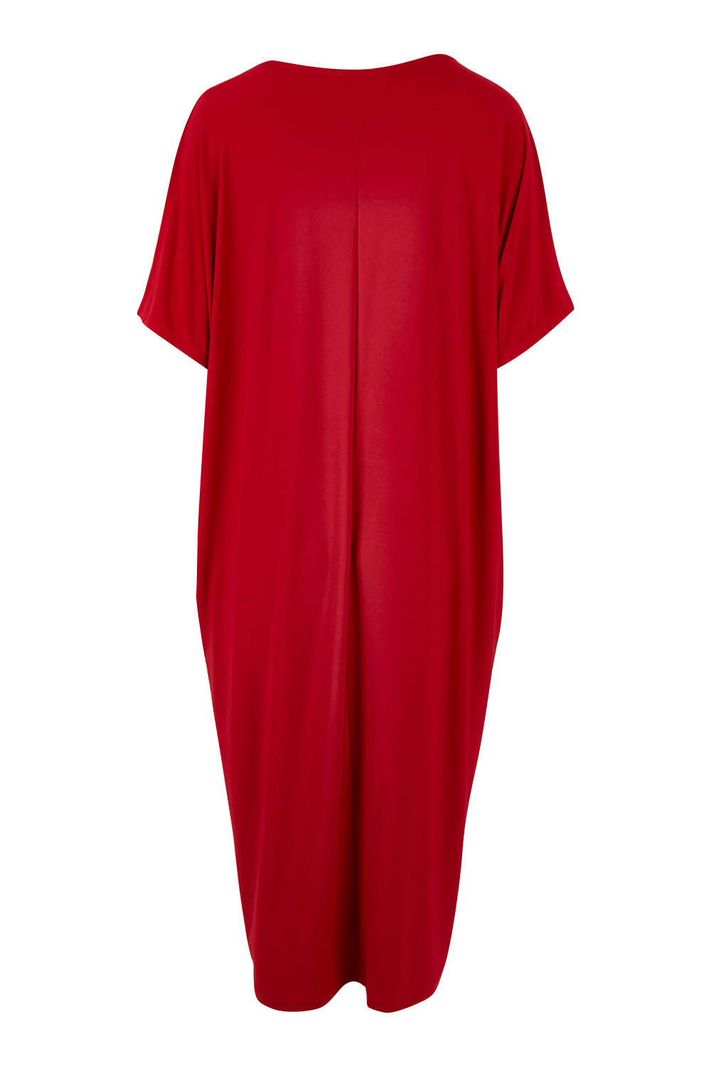 Product shot of The Recycled Everyday V Neck Dress in colour Cherryred (Red), from the back