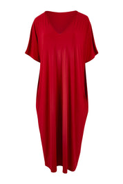 Product shot of The Recycled Everyday V Neck Dress in colour Cherryred (Red), from the front