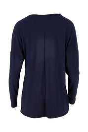 Product shot of The Recycled V Neck Double Cuff Top in colour Navy (Blue), from the back