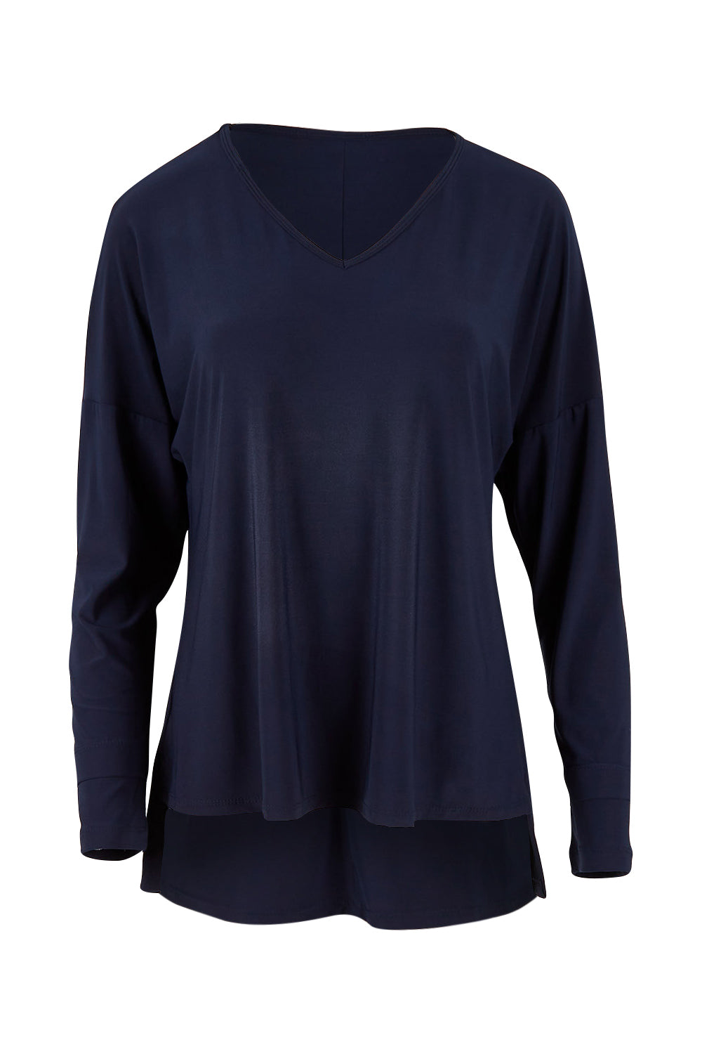 Product shot of The Recycled V Neck Double Cuff Top in colour Navy (Blue), from the front