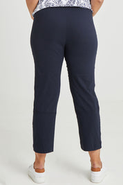 Model Terri-Leigh wearing size 14 of The Casual Pull On Summer Pant in colour Navy (Blue), from the back