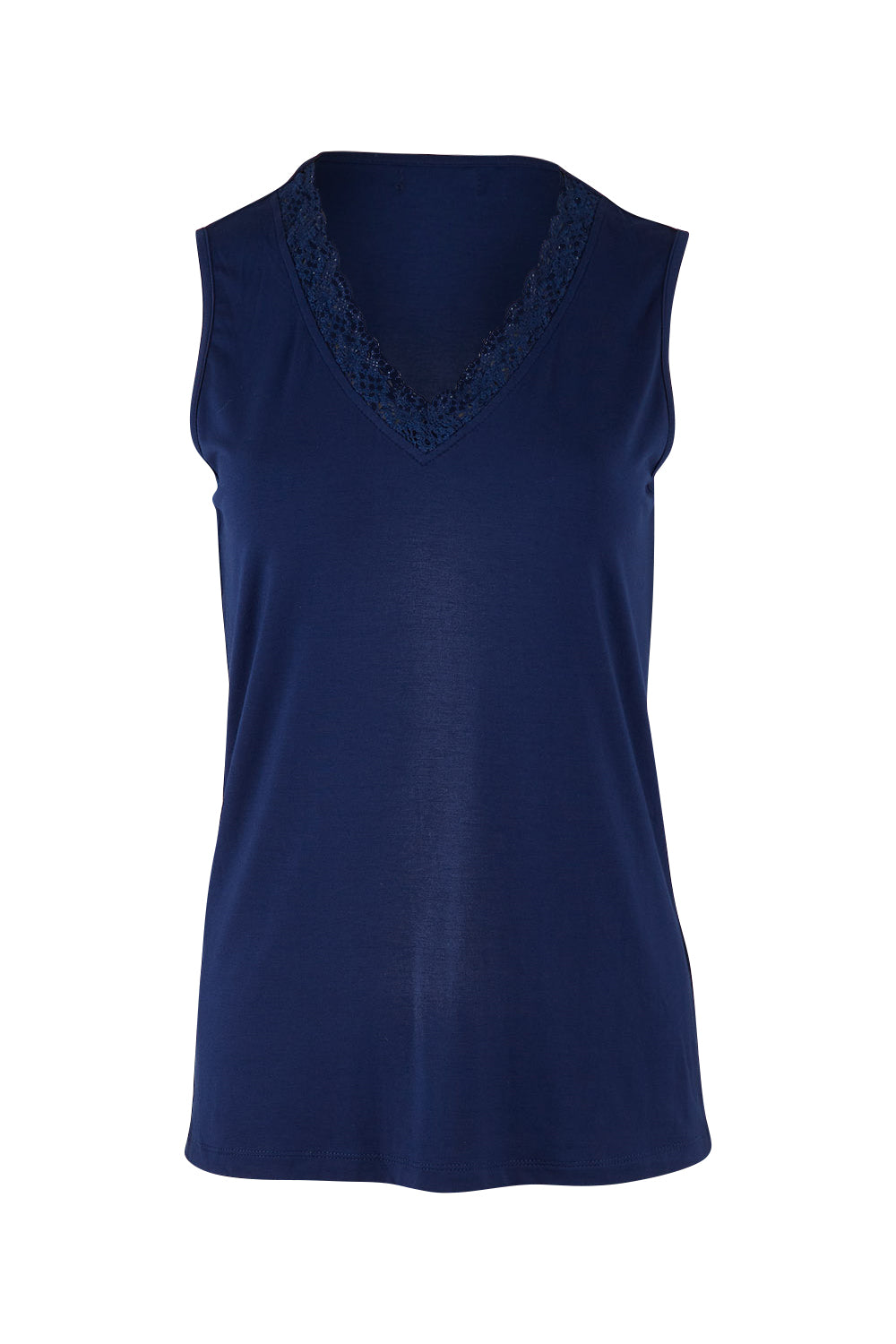 Product shot of The Classic Lace Trim Tank in colour Navy (Blue), from the front