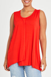Model Noli wearing size 14 of The Long Overlay Tank in colour Red (Red), from the front, cropped image