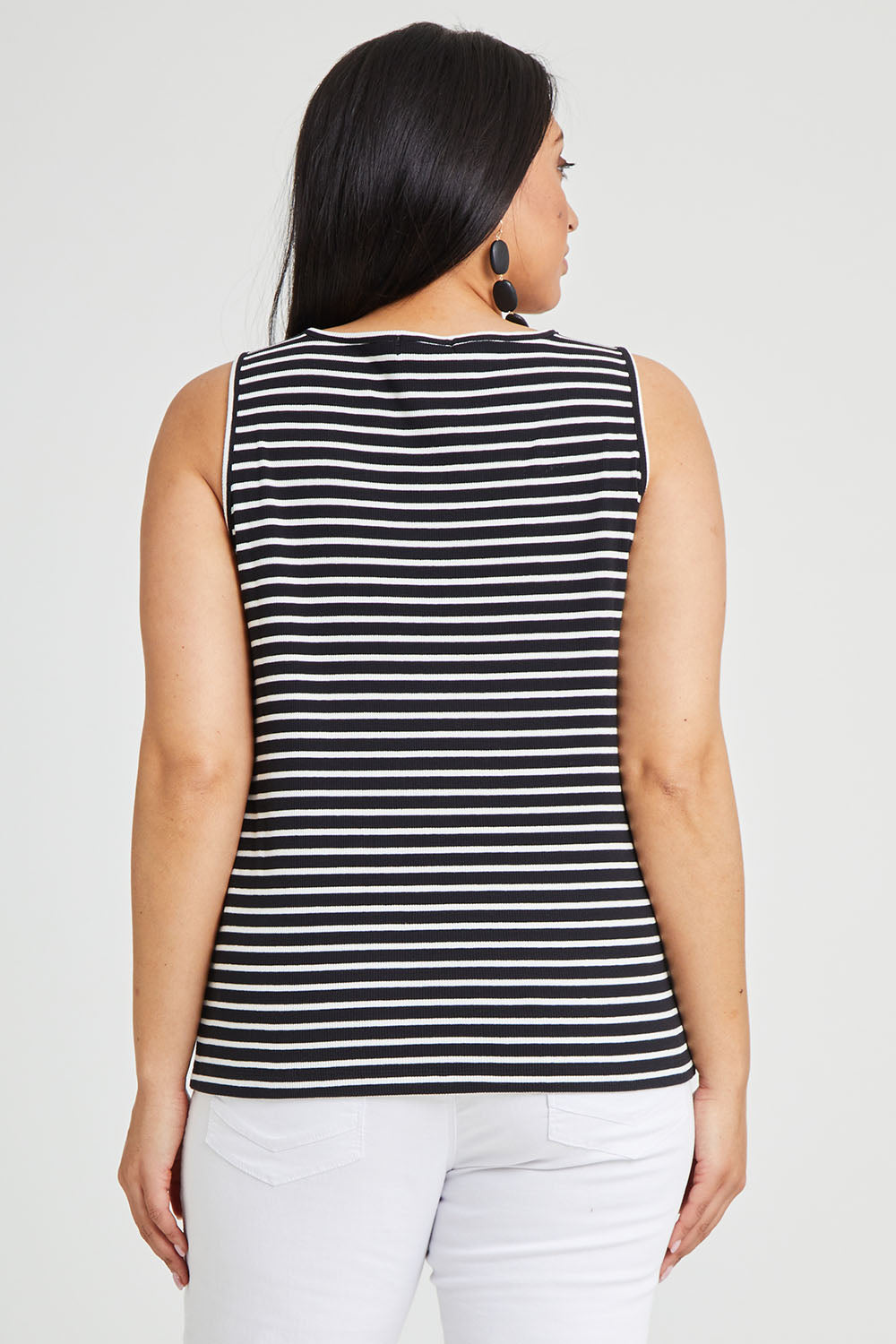 Model Terri-Leigh wearing size 14 of The Keepers Striped Rib Tank in colour Black (Black), from the back