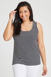 Model Terri-Leigh wearing size 14 of The Keepers Striped Rib Tank in colour Black (Black), from the front, cropped image