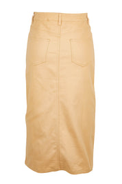 Product shot of The 5 Pocket Denim Midi Skirt in colour Tan, from the back