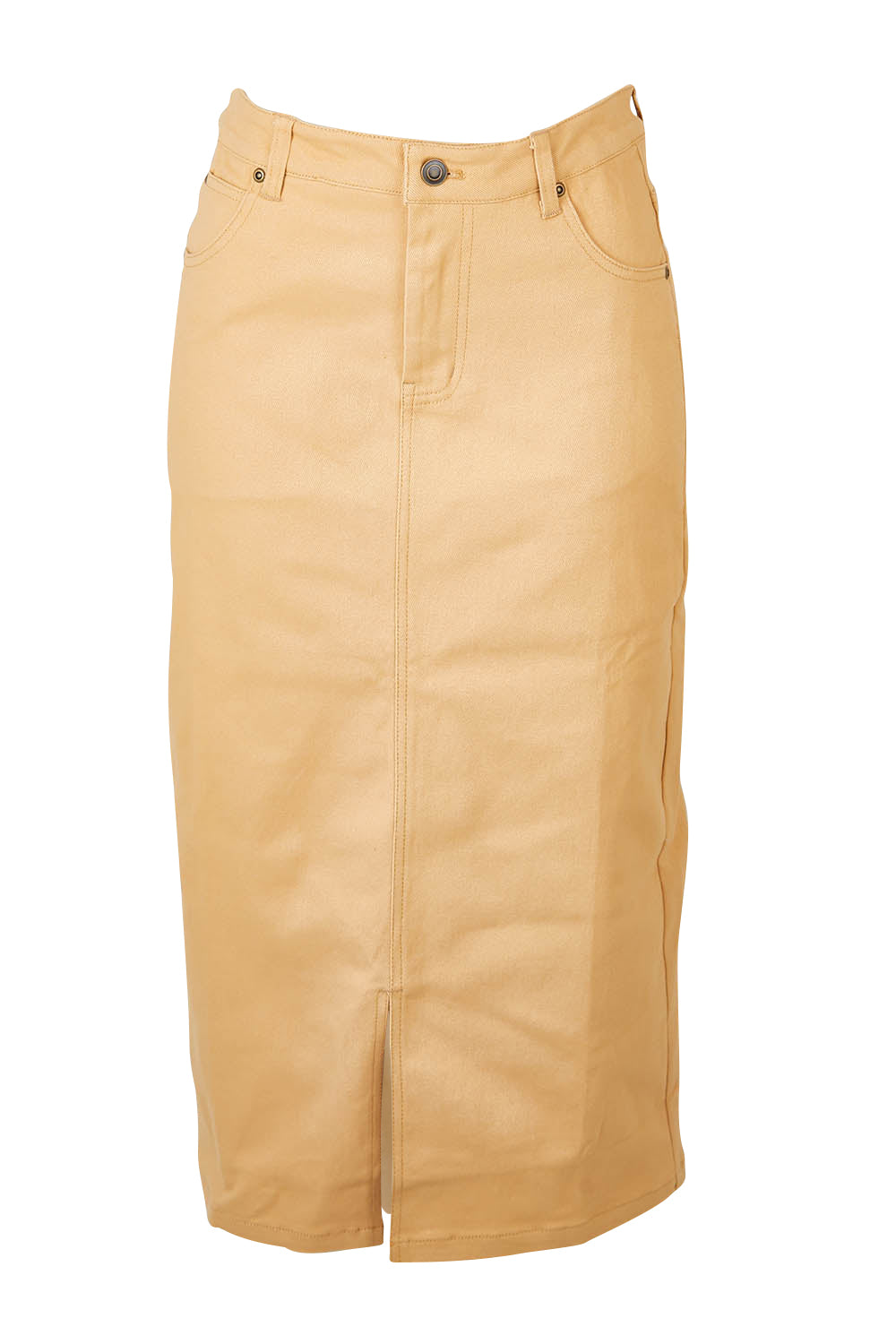 Product shot of The 5 Pocket Denim Midi Skirt in colour Tan, from the front