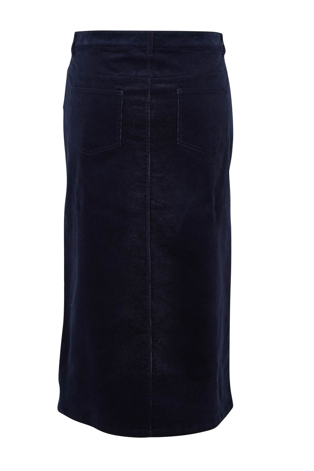 Product shot of The 5 Pocket Cord Midi Skirt in colour Darknavy (Blue), from the back