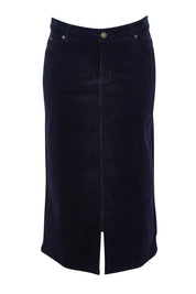 Product shot of The 5 Pocket Cord Midi Skirt in colour Darknavy (Blue), from the front