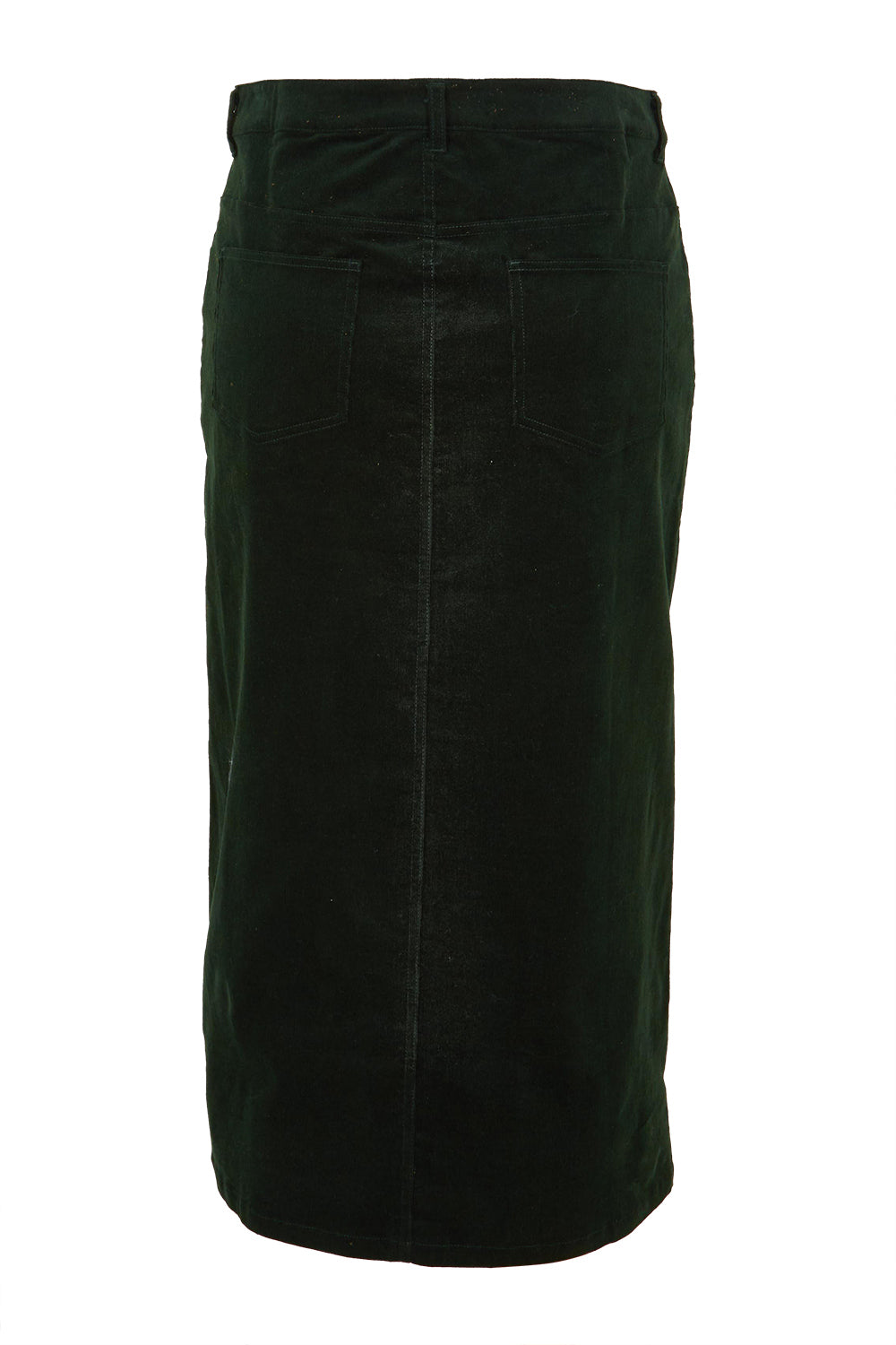 Product shot of The 5 Pocket Cord Midi Skirt in colour Deepforest (Green), from the back