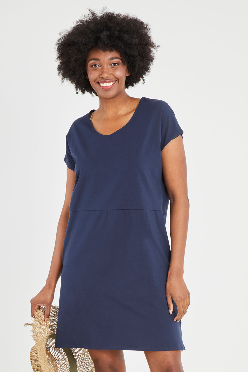 Model Aiyana wearing size 10 of The Luxe Cotton Tee Dress in colour Navy (Blue), from the front, cropped image
