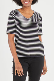 Model Aiyana wearing size 10 of The Keepers V Neck Striped Rib Tee in colour Black (Black), from the front, cropped image