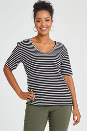 Model Noli wearing size 14 of The Keepers V Neck Striped Rib Tee in colour Black (Black), from the front, cropped image