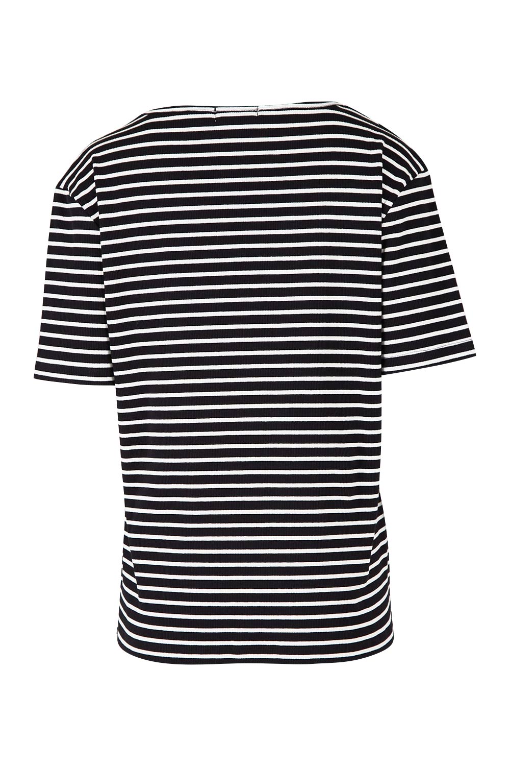 Product shot of The Keepers V Neck Striped Rib Tee in colour Black (Black), from the back