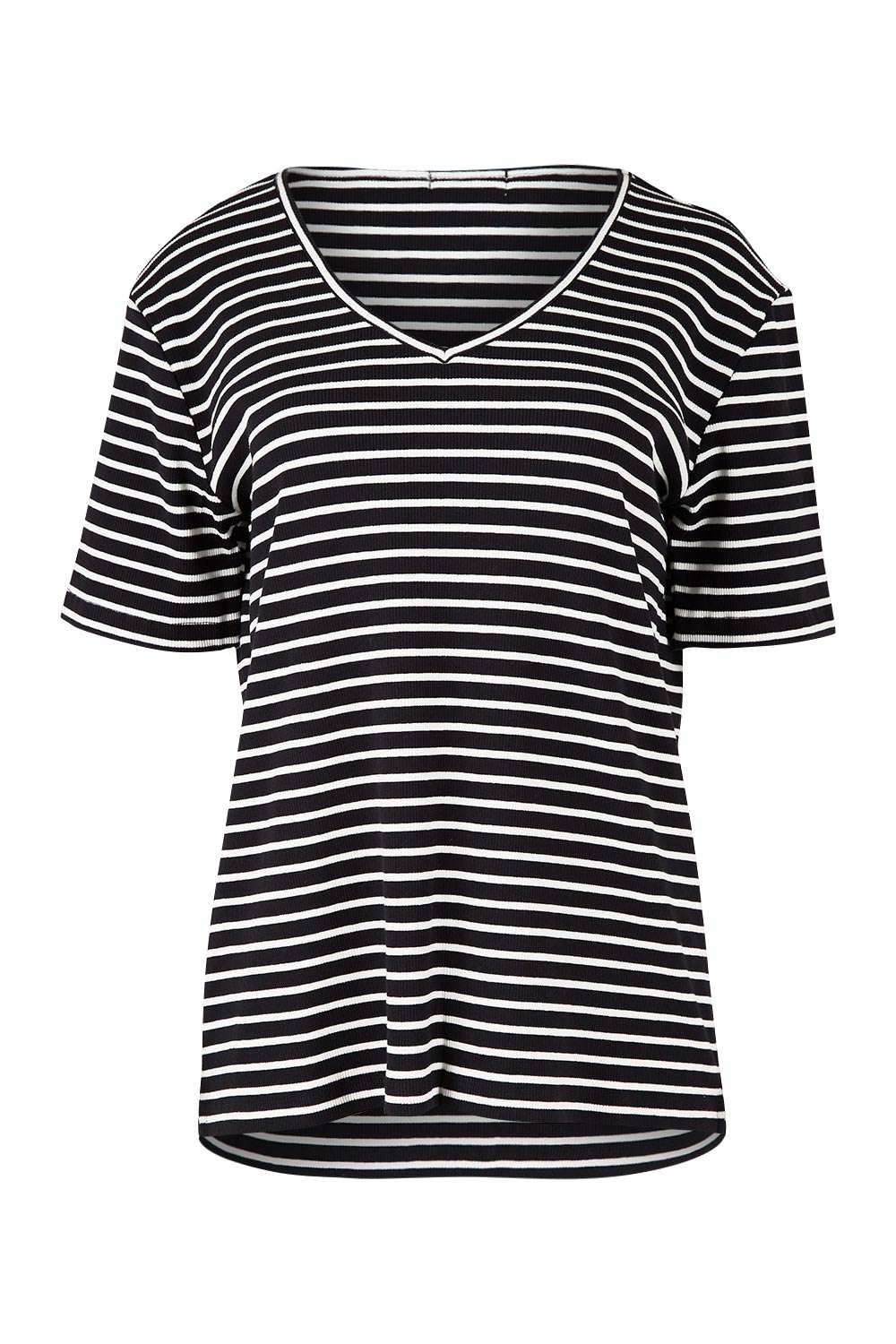 Product shot of The Keepers V Neck Striped Rib Tee in colour Black (Black), from the front