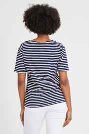 Model Aiyana wearing size 10 of The Keepers V Neck Striped Rib Tee in colour Navy (Blue), from the back