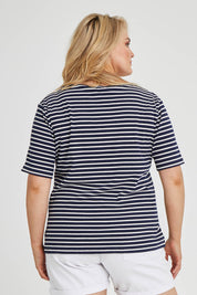 Model Keeara wearing size 16 of The Keepers V Neck Striped Rib Tee in colour Navy (Blue), from the back