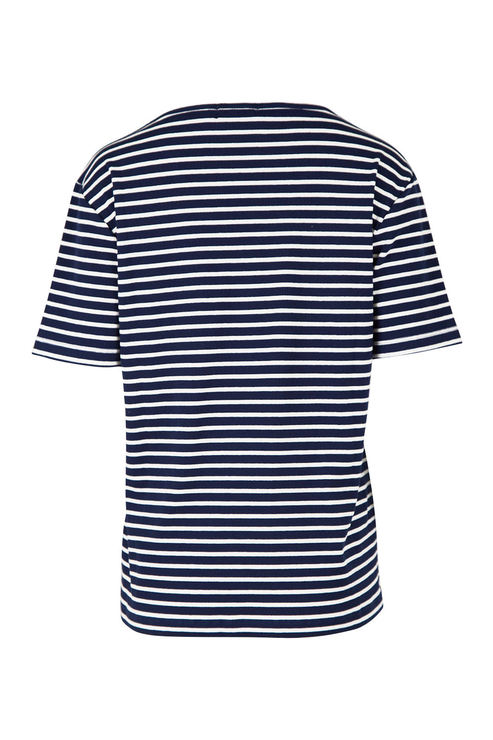 Product shot of The Keepers V Neck Striped Rib Tee in colour Navy (Blue), from the back