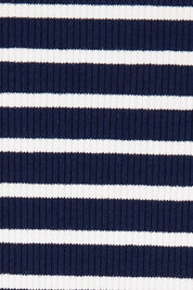Product shot of The Keepers V Neck Striped Rib Tee in colour Navy (Blue), detail