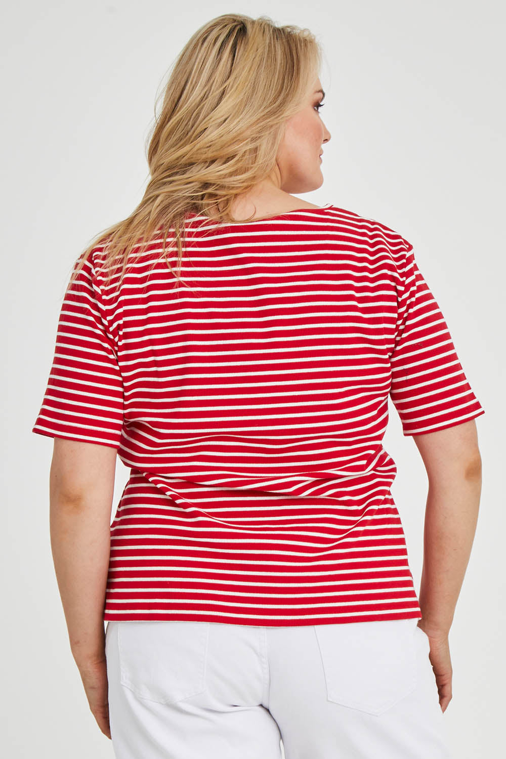 Model Keeara wearing size 16 of The Keepers V Neck Striped Rib Tee in colour Red (Red), from the back