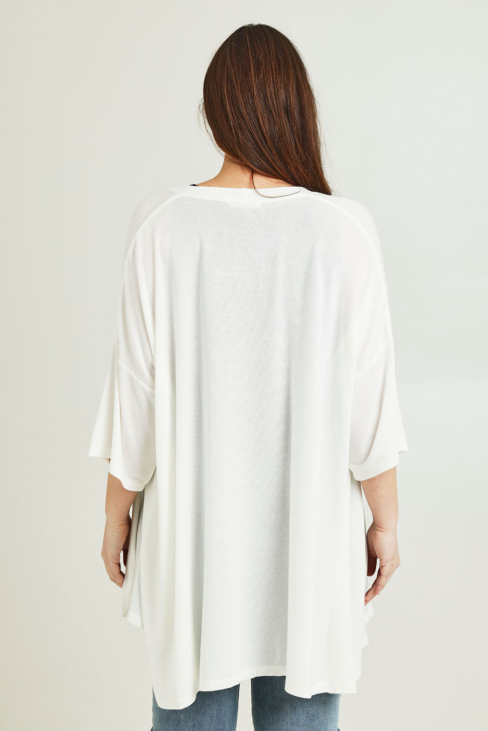 Model Jane wearing size 14 of The Perfect Summer Knit Cardi in colour White (White), from the back