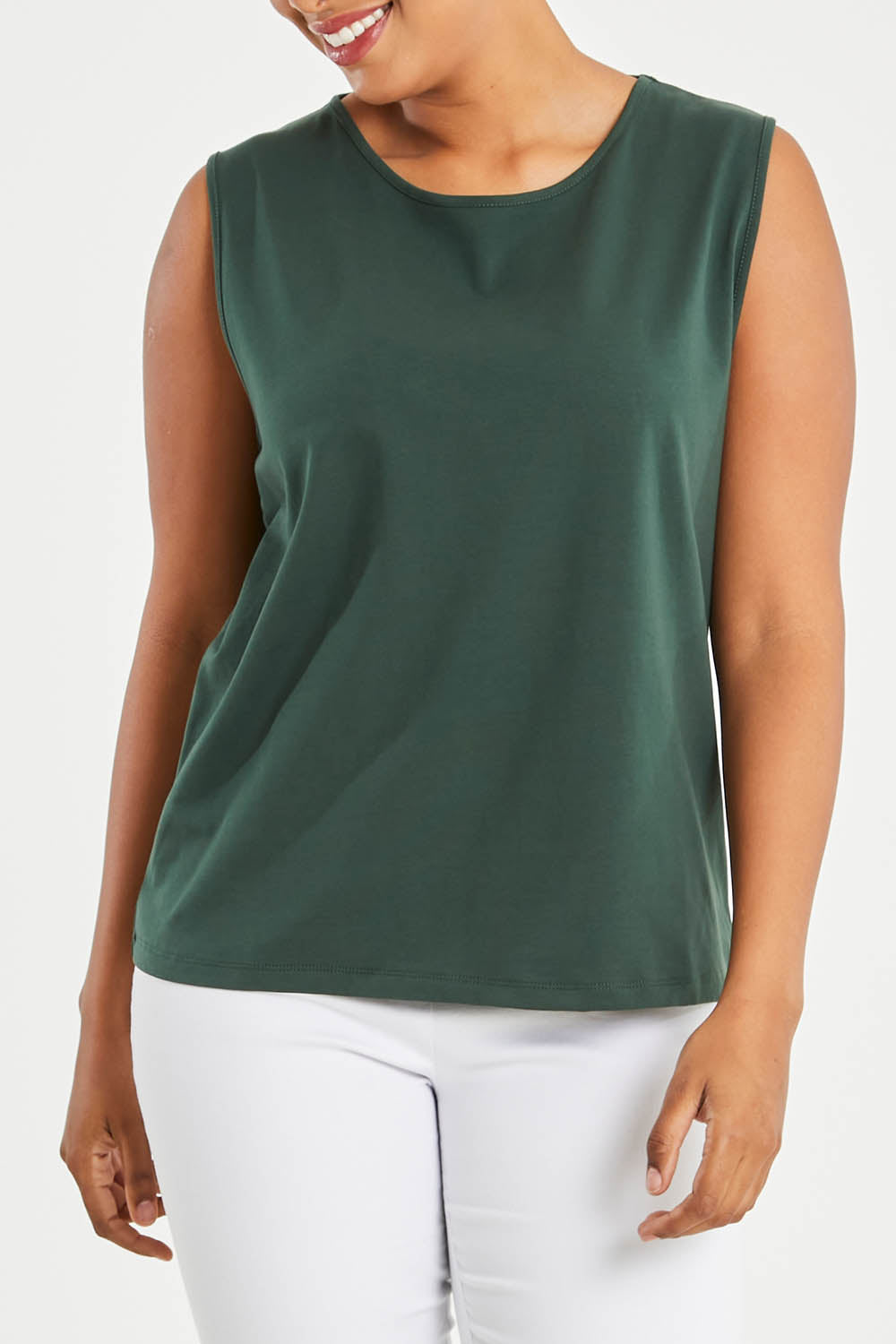 Model Noli wearing size 14 of The Keepers Classic Tank in colour Darkkhaki (Green), from the front, cropped image
