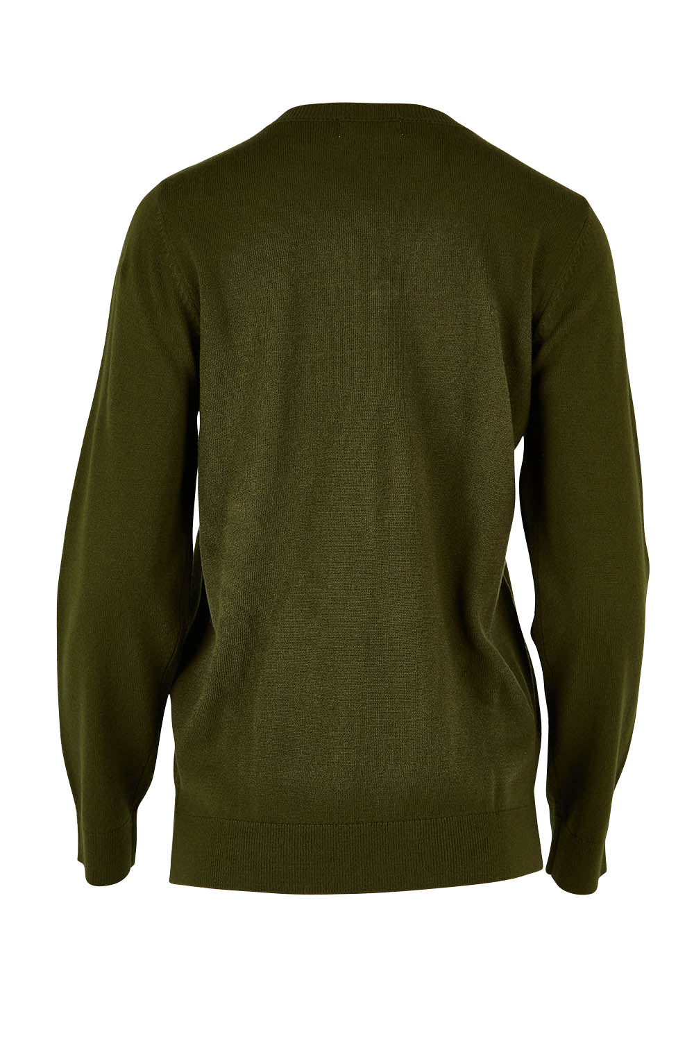 Product shot of The Keepers Soft V Neck Jumper in colour Darkolive (Green), from the back