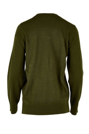 Product shot of The Keepers Soft V Neck Jumper in colour Darkolive (Green), from the back