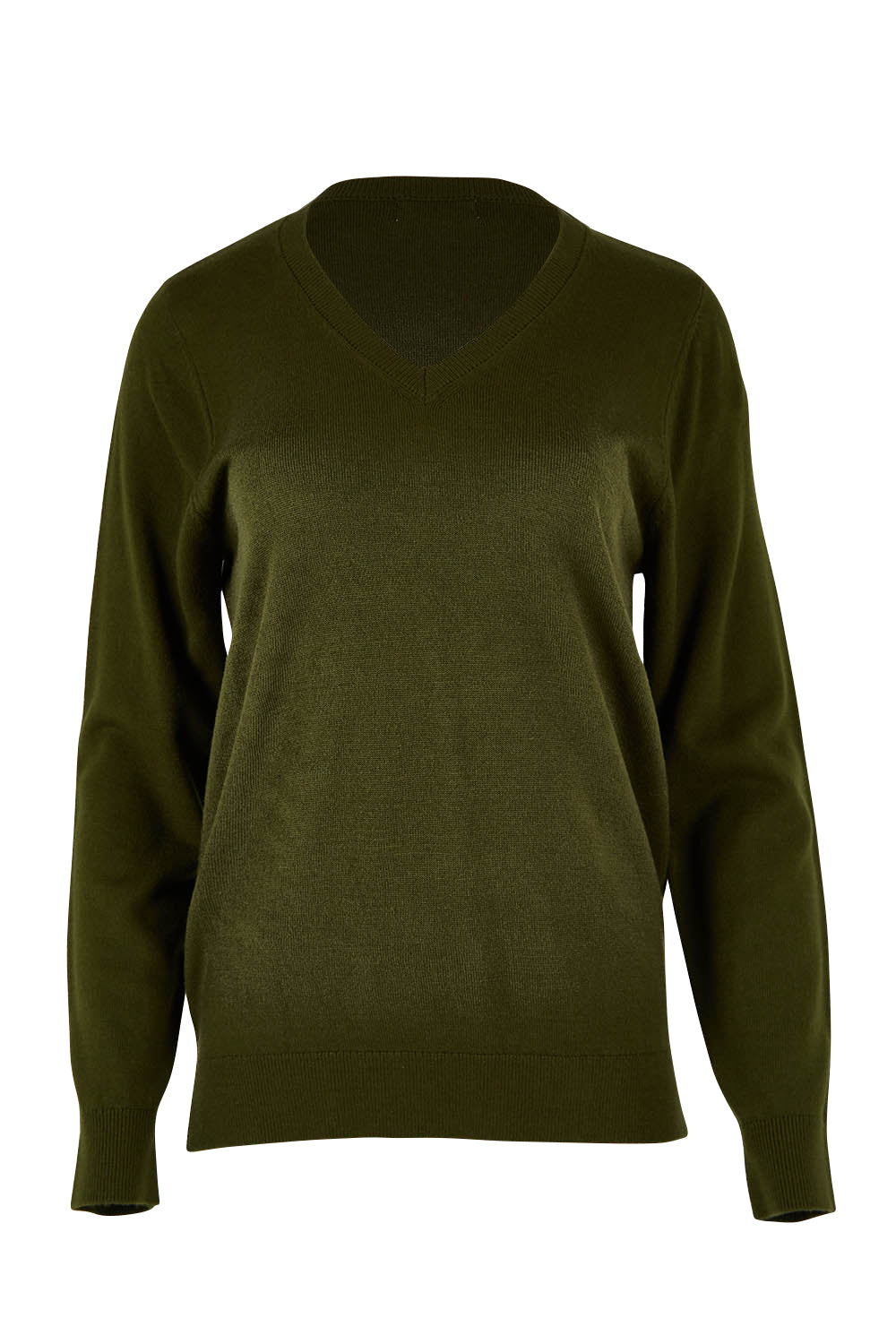 Product shot of The Keepers Soft V Neck Jumper in colour Darkolive (Green), from the front