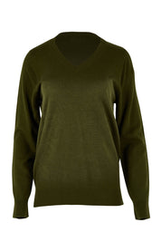 Product shot of The Keepers Soft V Neck Jumper in colour Darkolive (Green), from the front