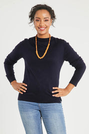 Model Noli wearing size L of The Keepers Soft Round Neck Jumper in colour Darknavy (Blue), from the front, cropped image