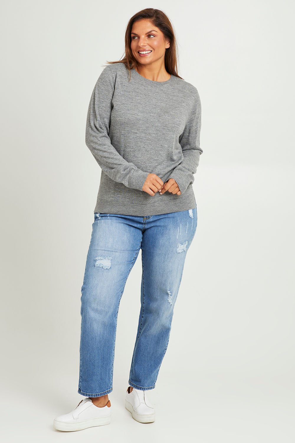 Model Monique wearing size L of The Keepers Soft Round Neck Jumper in colour Greymarle (Grey), from the front, showing the whole outfit