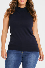 Model Laura wearing size L of The Soft Sleeveless Mockturtle Jumper in colour Darknavy (Blue), from the front, cropped image