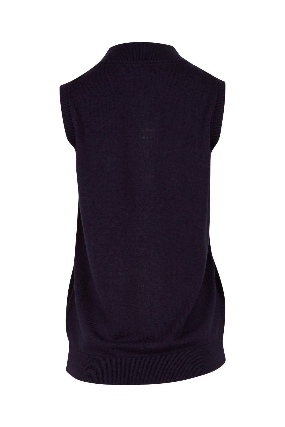 Product shot of The Soft Sleeveless Mockturtle Jumper in colour Darknavy (Blue), from the back