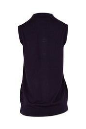 Product shot of The Soft Sleeveless Mockturtle Jumper in colour Darknavy (Blue), from the back