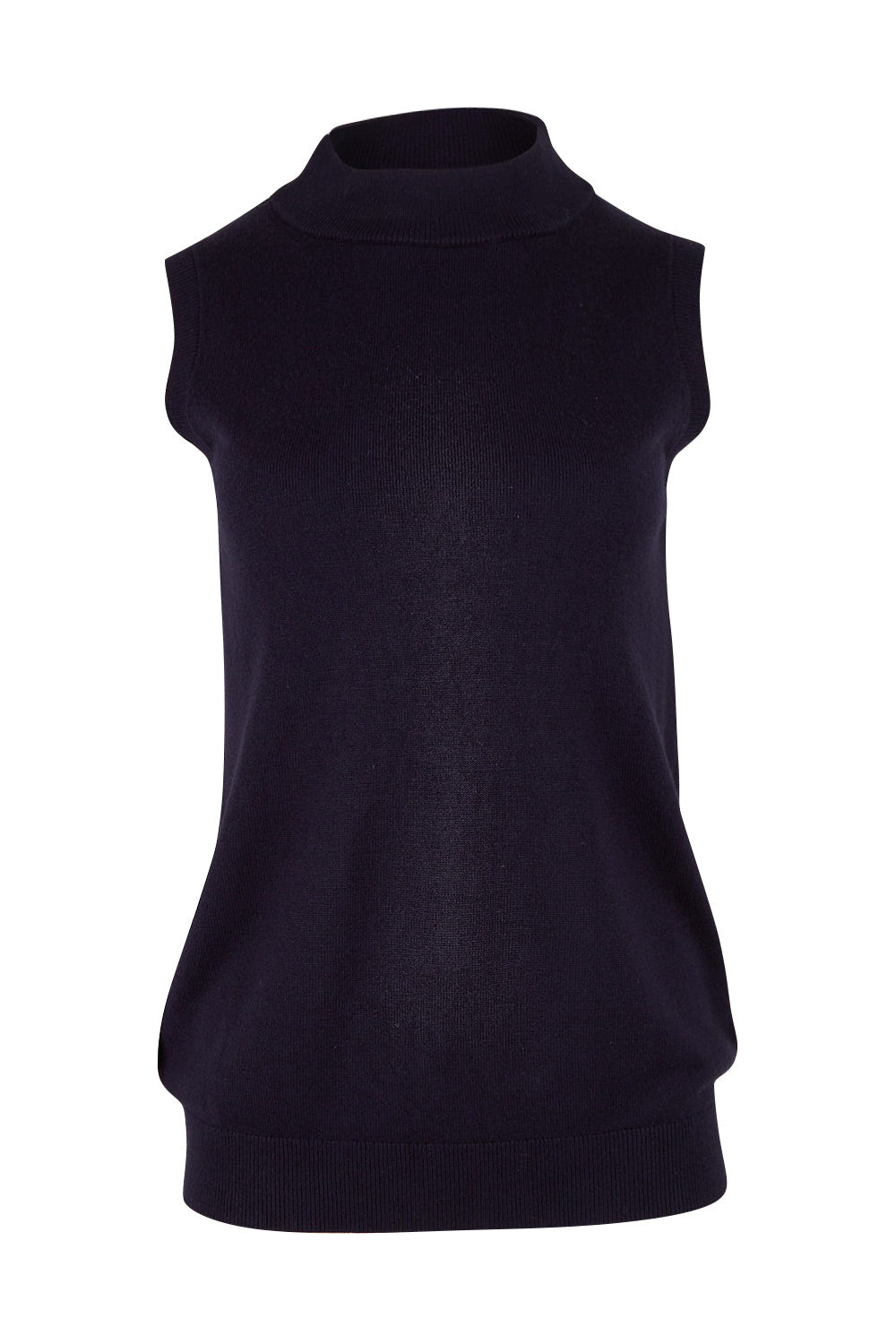 Product shot of The Soft Sleeveless Mockturtle Jumper in colour Darknavy (Blue), from the front