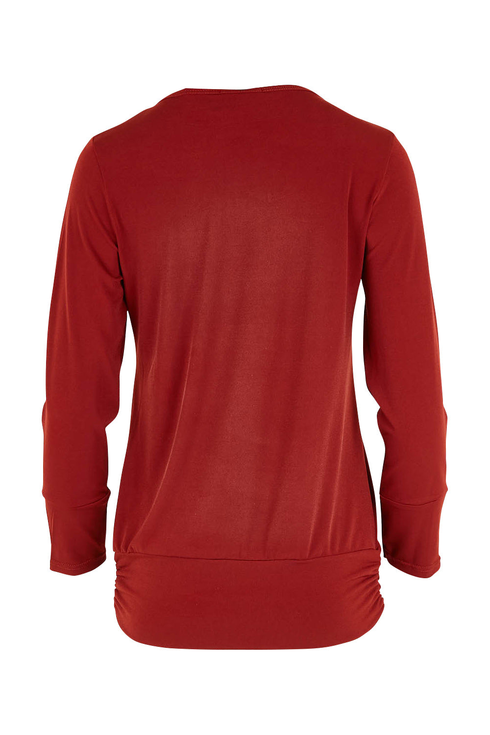 Product shot of The Recycled V Neck L/S Tee in colour Terracotta, from the back