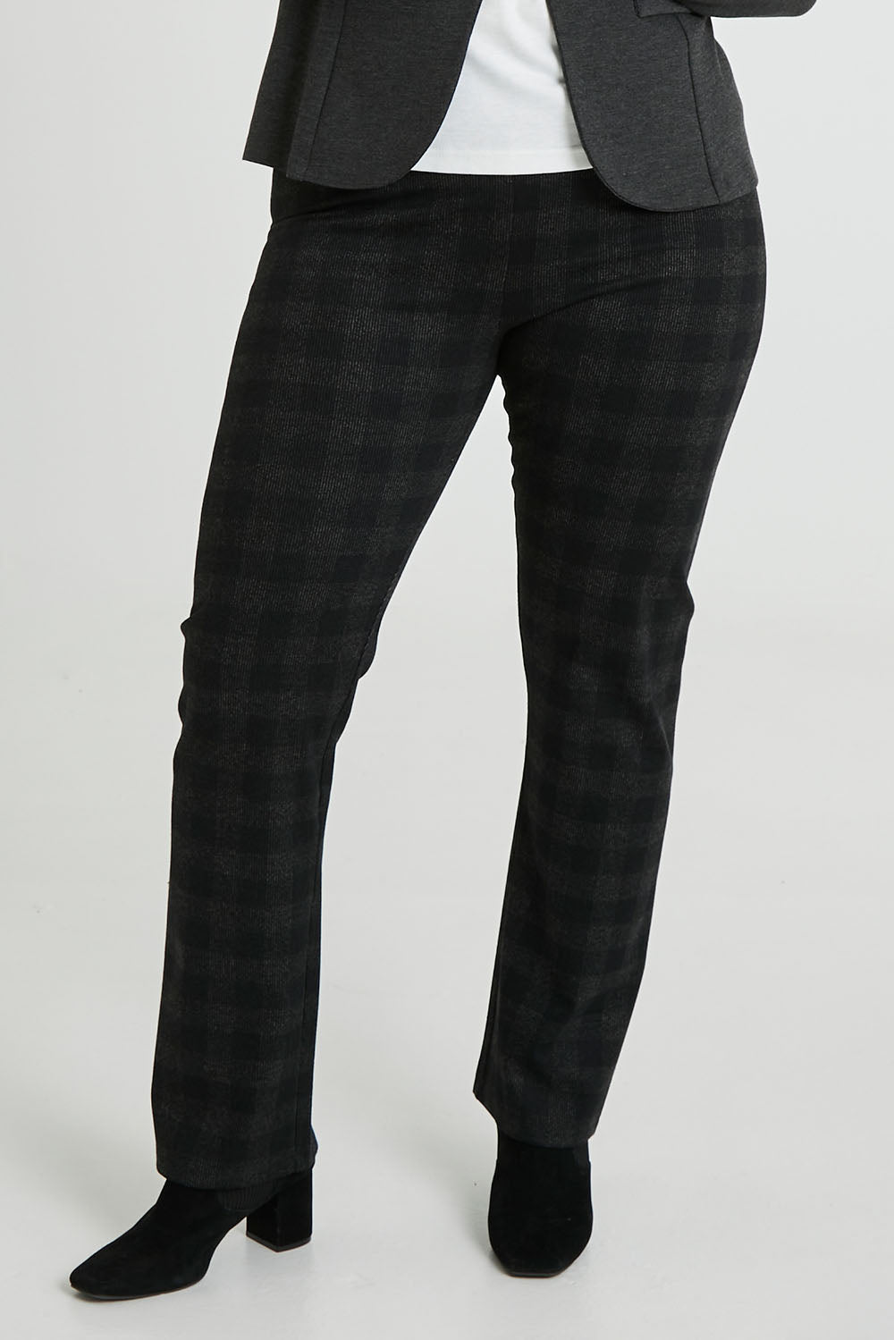 Model Laura wearing size 14 of The Ponte Check Pant in colour Blackgrey (Black), from the front, cropped image
