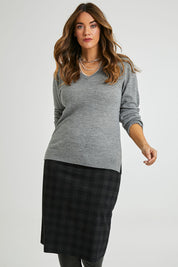 Model Laura wearing size 14 of The Ponte Check Skirt in colour Blackgrey (Black), from the front, cropped image
