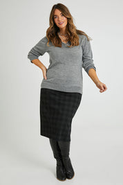 Model Laura wearing size 14 of The Ponte Check Skirt in colour Blackgrey (Black), from the front, showing the whole outfit