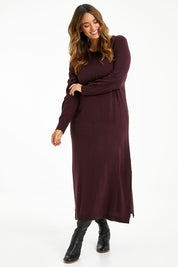 Model Laura wearing size L of The Keepers Soft Knit Maxi Dress in colour Woodberry (Purple), from the front, showing the whole outfit