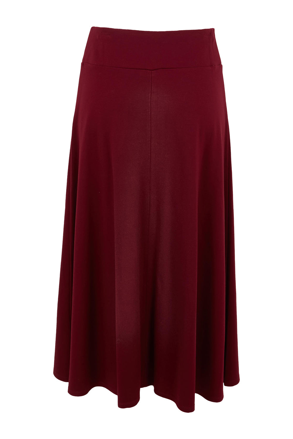 Product shot of The Fit And Flare Ponte Skirt in colour Cognac (Red), from the back
