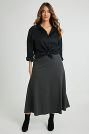 Model Laura wearing size 14 of The Fit And Flare Ponte Skirt in colour Greymarle (Grey), from the front, showing the whole outfit