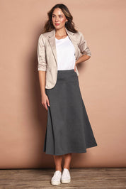 Model Madeline wearing size 10 of The Fit And Flare Ponte Skirt in colour Greymarle (Grey), from the front, showing the whole outfit