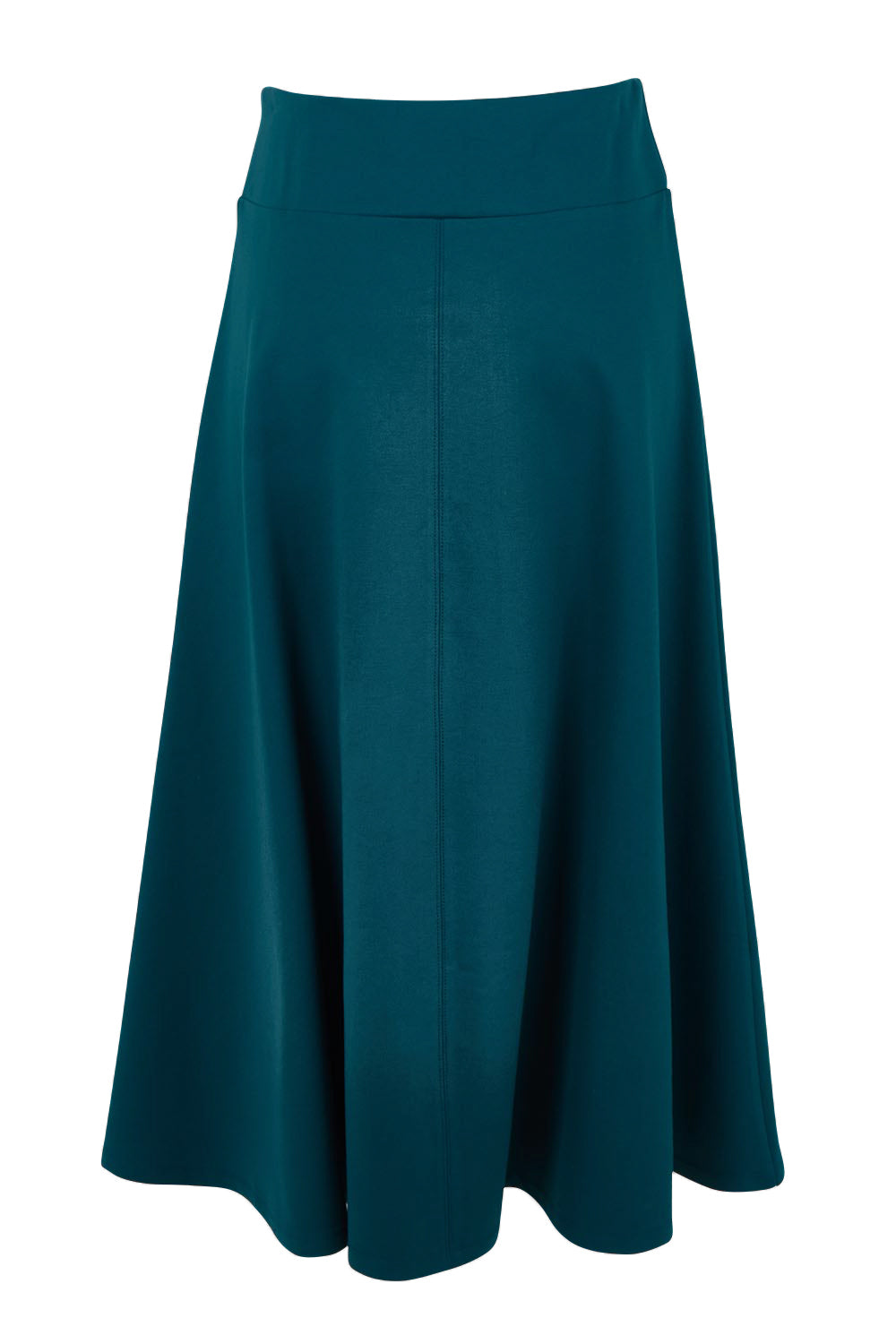 Product shot of The Fit And Flare Ponte Skirt in colour Teal (Blue), from the back