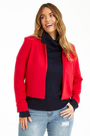 Model Laura wearing size 14 of The Edge To Edge Ponte Blazer in colour Red (Red), from the front, cropped image