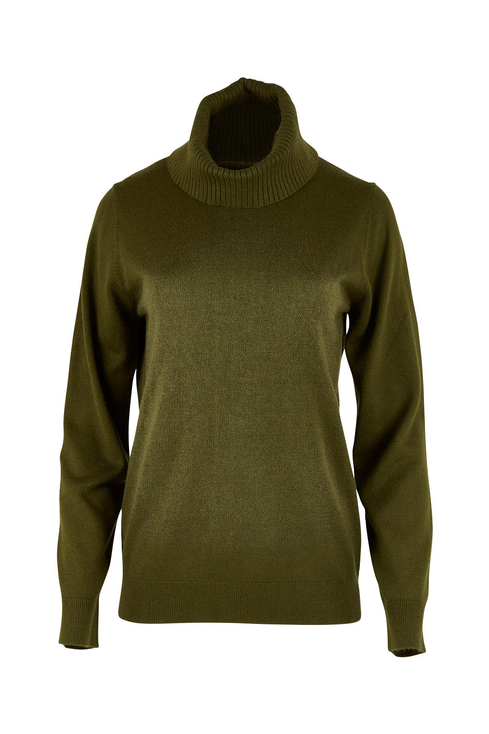 Product shot of The Keepers Soft Roll Neck Jumper in colour Darkolive (Green), from the front