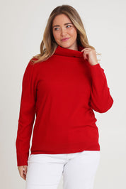 Model Chanel wearing size XL of The Keepers Soft Roll Neck Jumper in colour Red (Red), from the front, cropped image