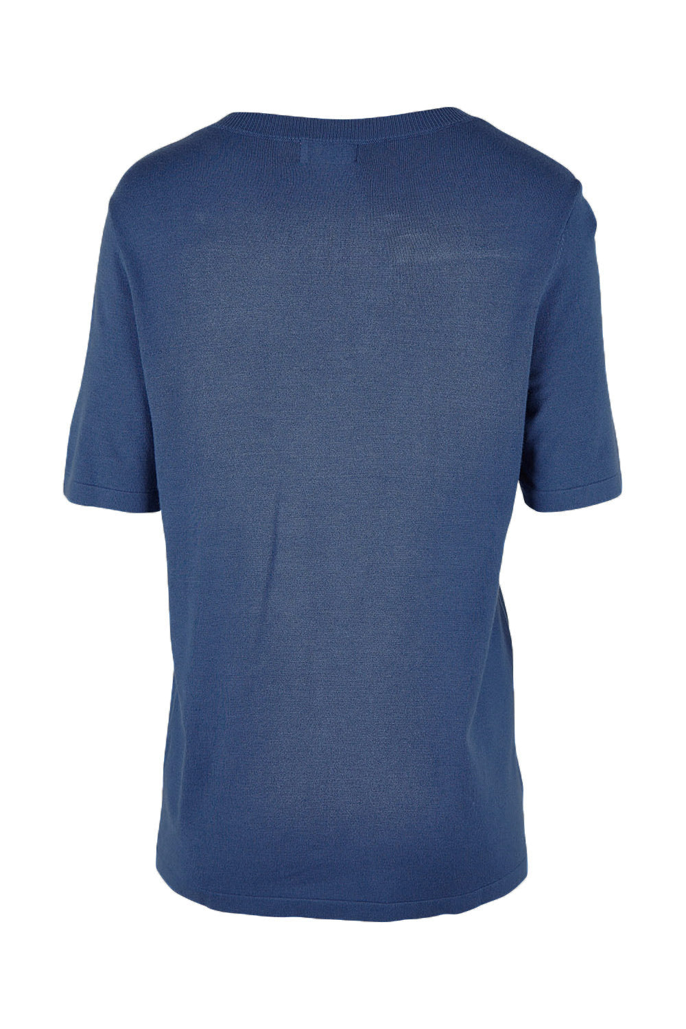 Product shot of The Transeasonal Short Sleeve Jumper in colour Blueberry (Blue), from the back